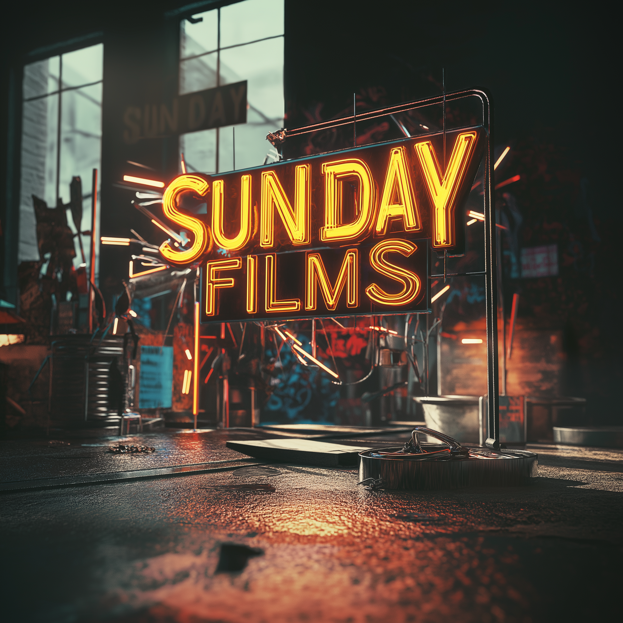 Sunday Films glowing neon sign